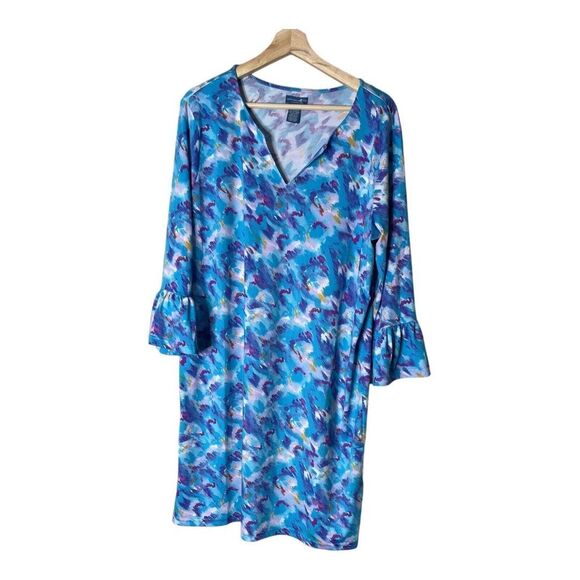 Caribbean Joe Tops - Caribbean Joe Women's Dress UPF 50+ Yoke Neck Colorful Print Size LBlue Haze